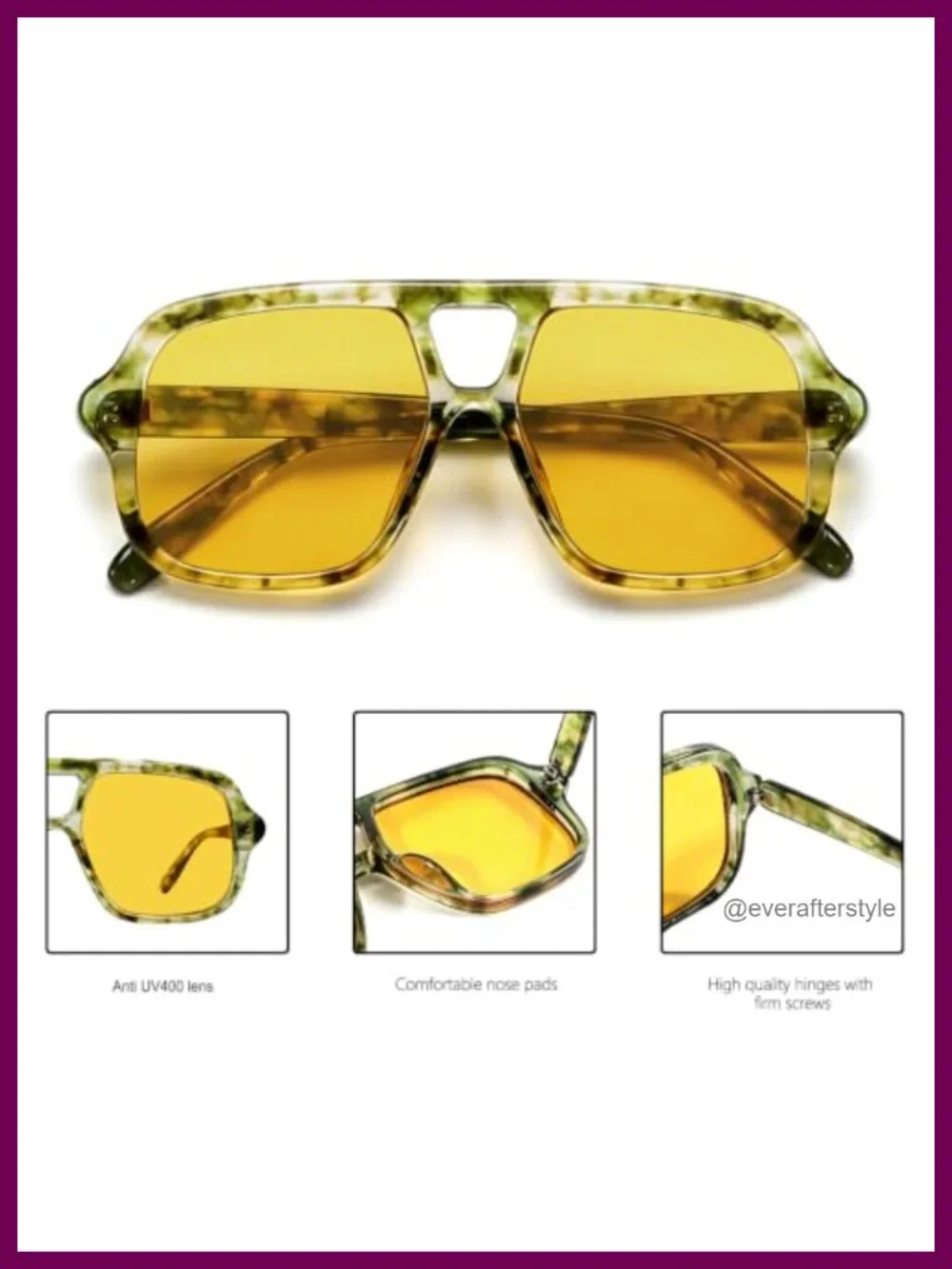 Oversized Square Aviator Sunglasses UV400 Protection Unisex Double Bridge Retro